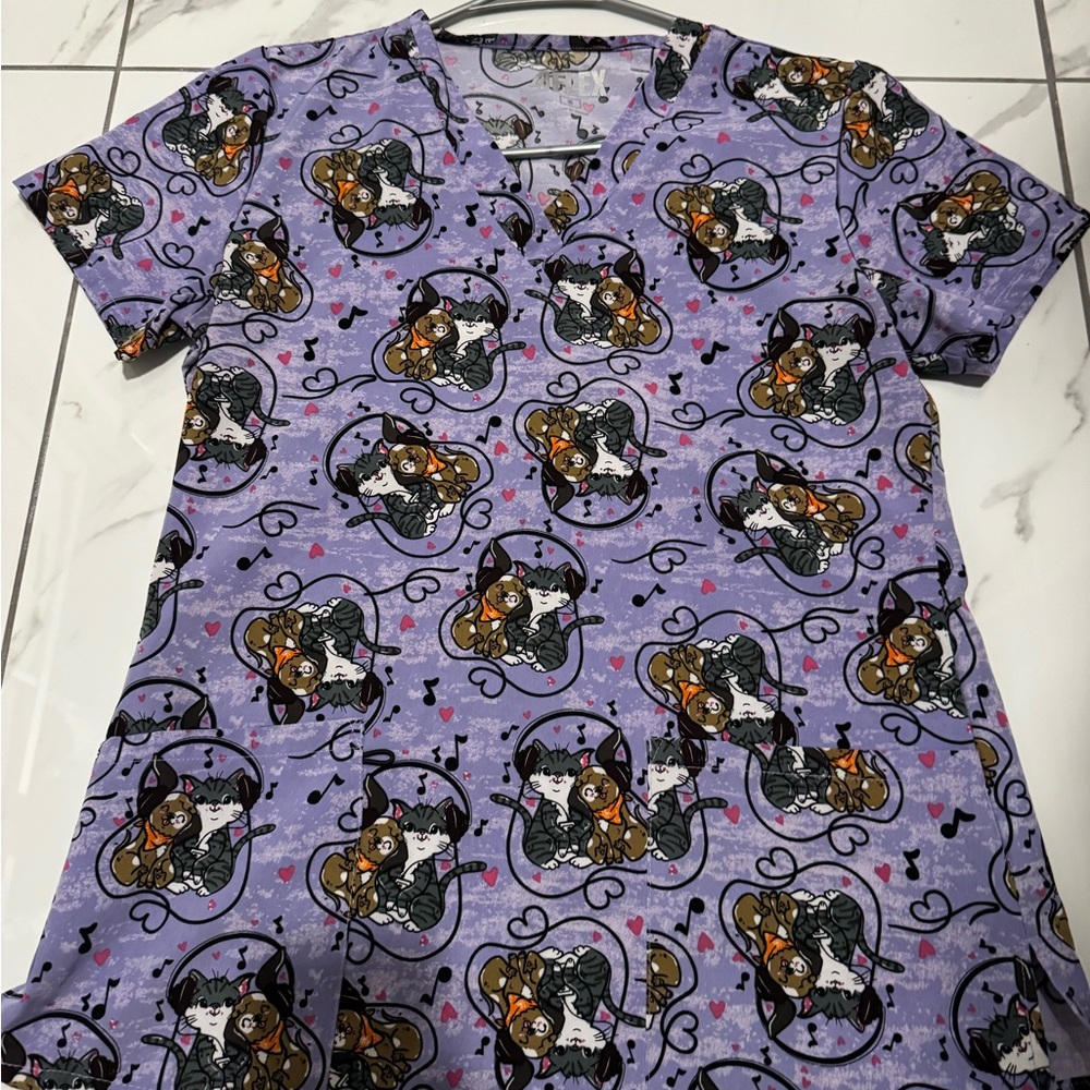Purple Cat Print Scrub Top